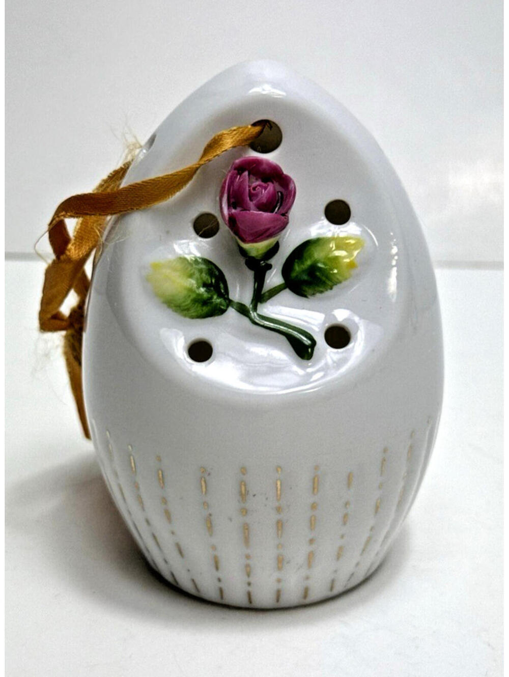 Vtg Ceramic Egg Shape Pomander Gold Pink White Floral Design Hanging Kitsch